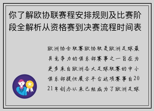 你了解欧协联赛程安排规则及比赛阶段全解析从资格赛到决赛流程时间表详解
